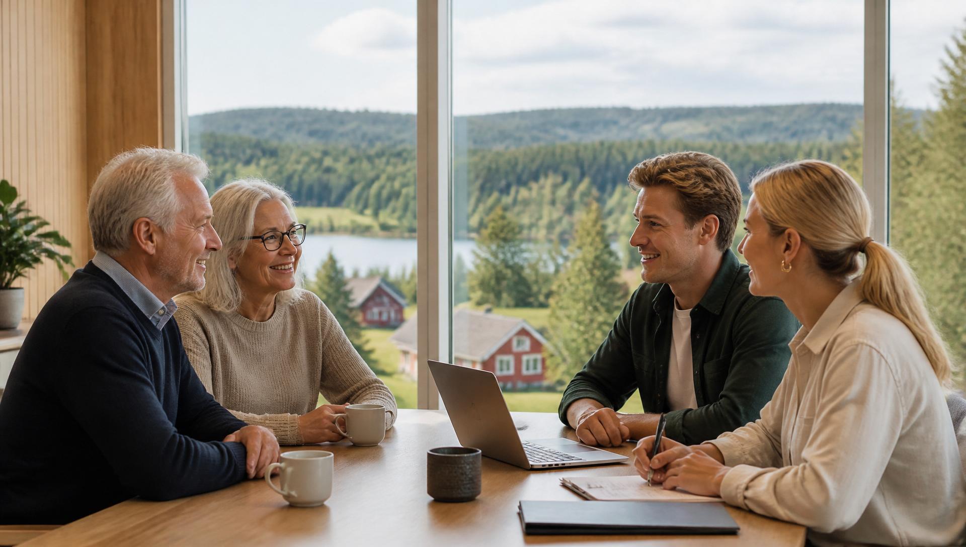 Äldre par och nästa generation i kontorsmiljö med småländsk natur utanför fönstret