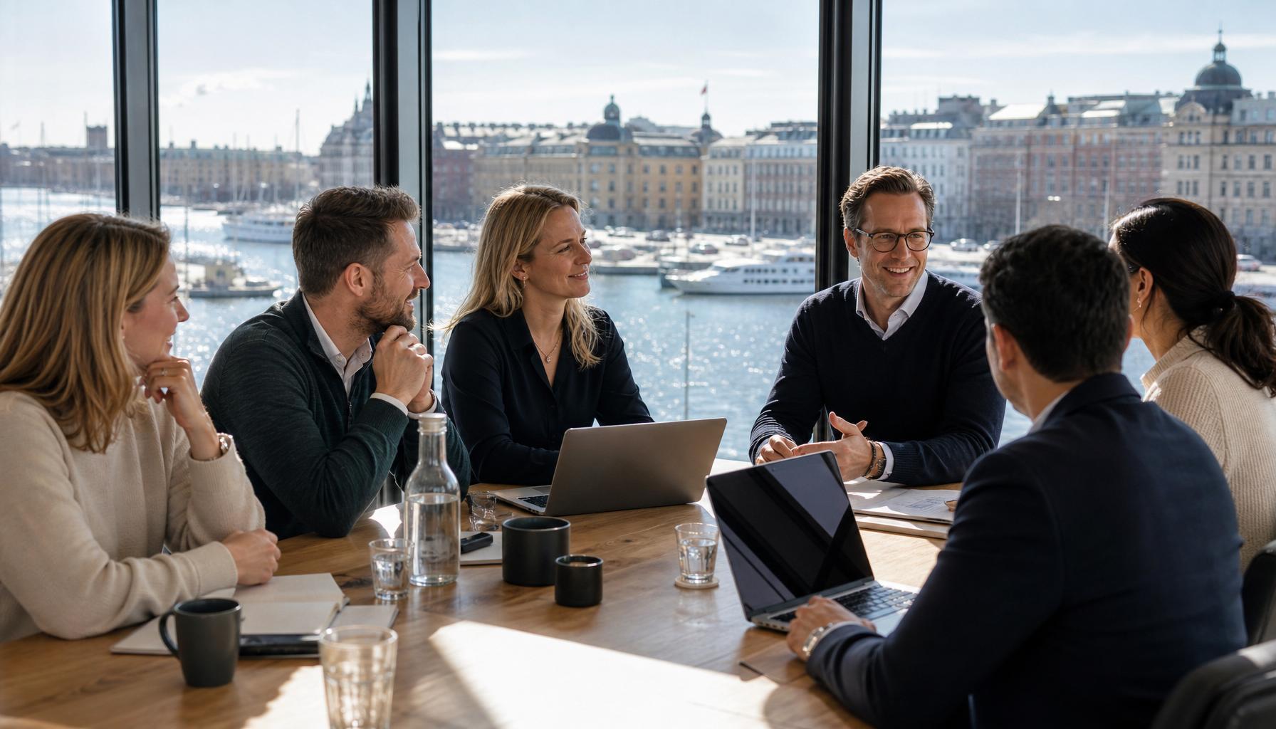 Executives meeting in a Stockholm office overlooking Nybroviken