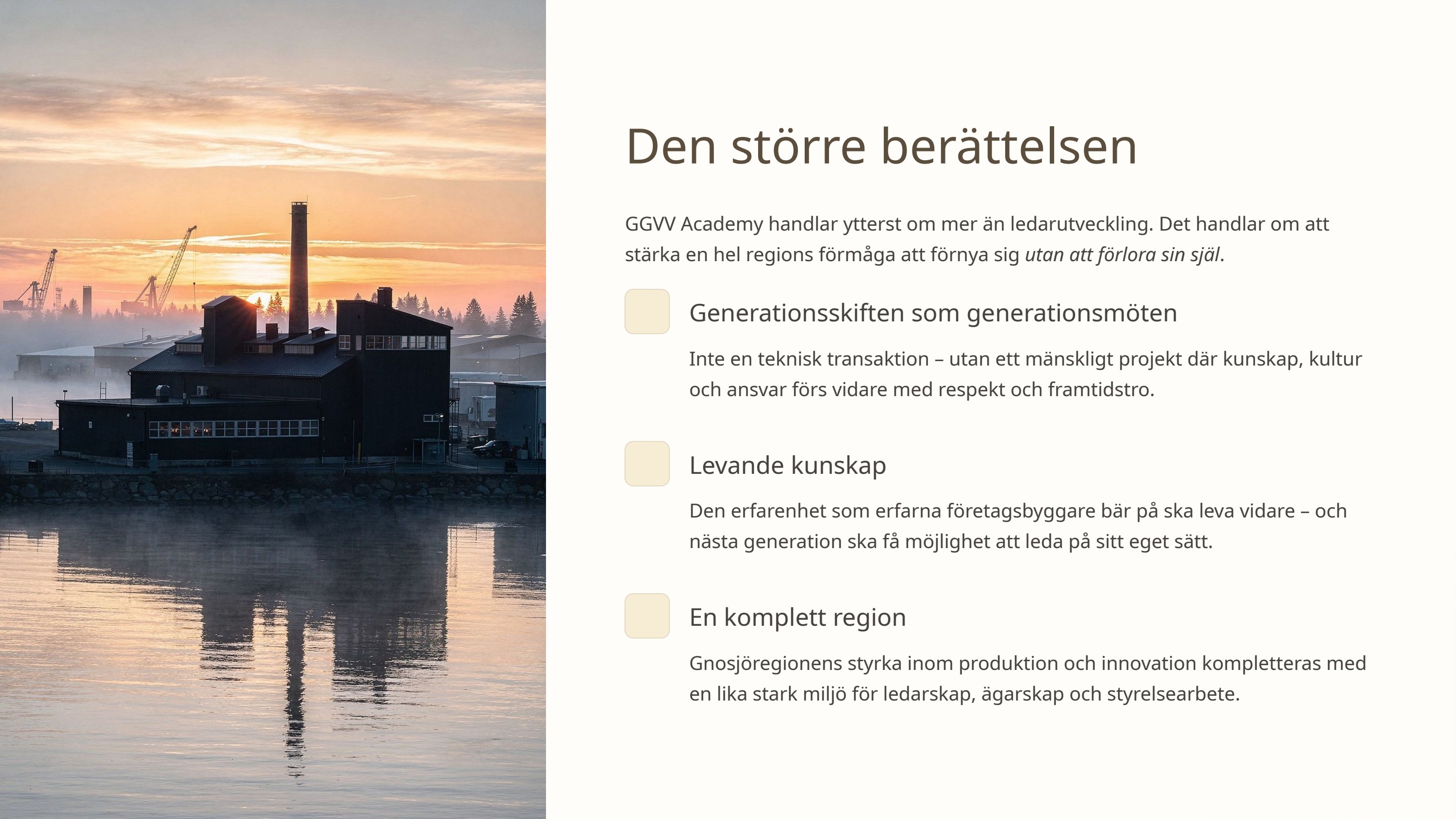 Industribyggnad vid vatten i solnedgång i GGVV-regionen