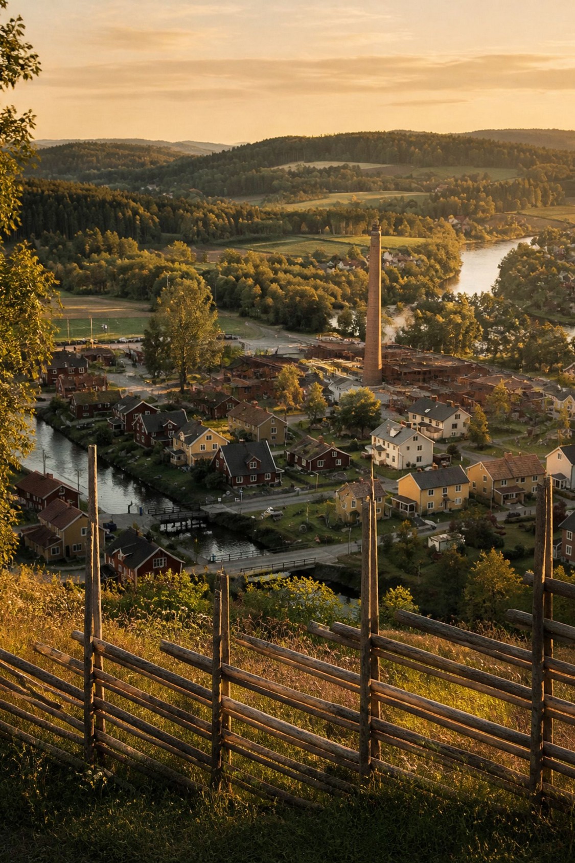 Flygbild över en småstad i GGVV-regionen i solnedgång